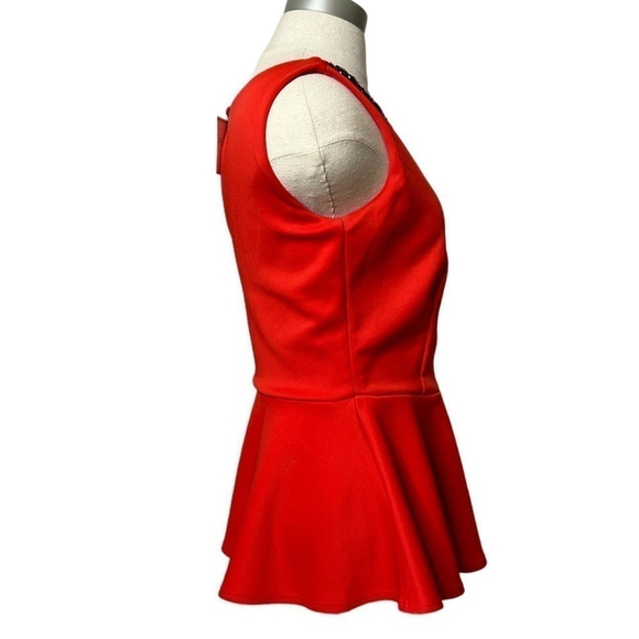 BISOU Bisou Red Holiday Embellished Neck Beaded Boat Neck Peplum Blouse XS - Picture 6 of 11